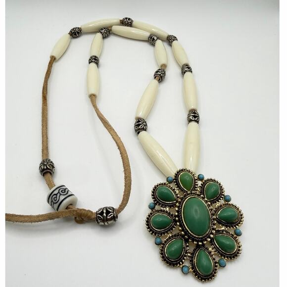 Other Jewelry - Western Turquoise Statement Pendant Necklace Adjustable Ivory Beads